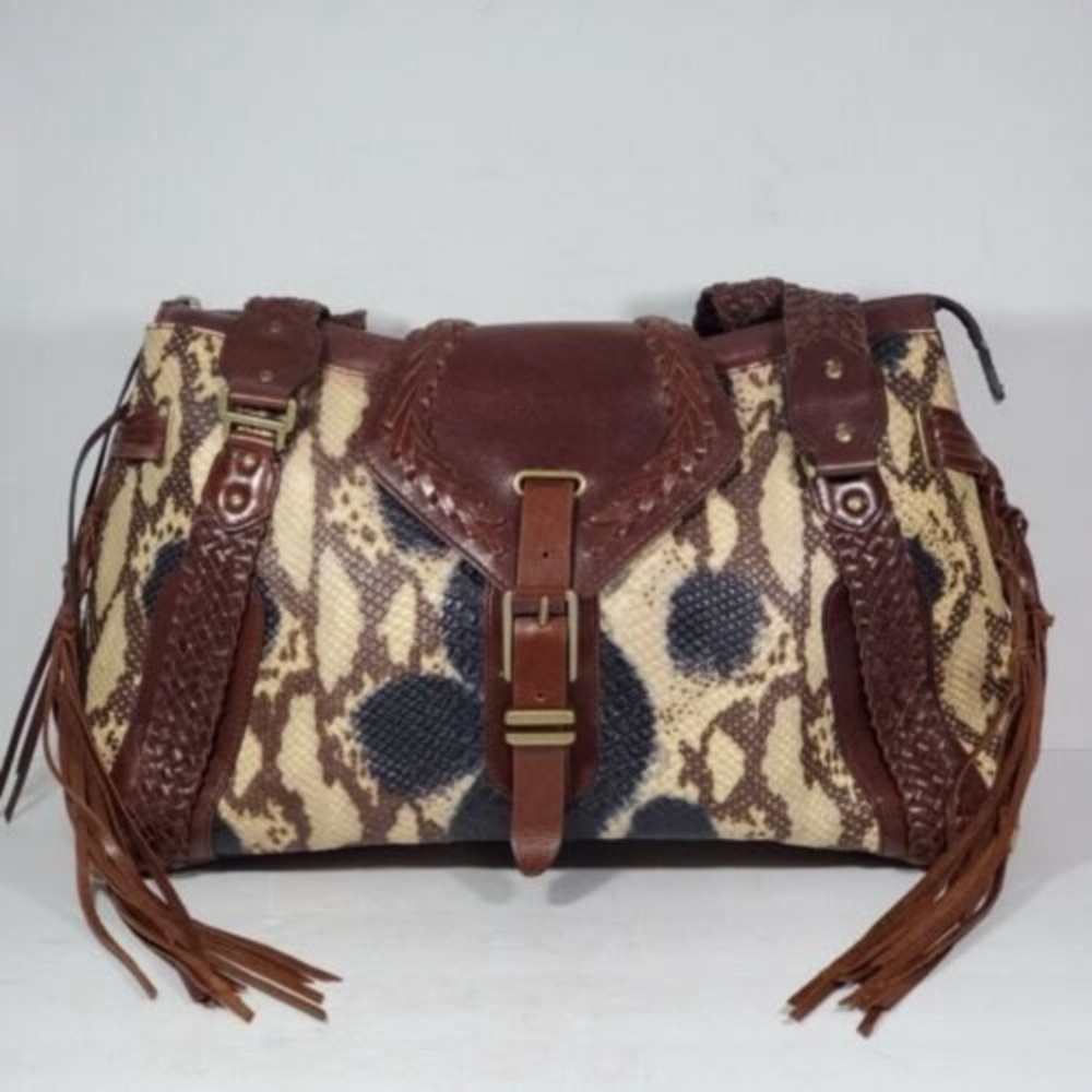 Cole Haan “Sierra” Snake print, braided strap leather trim bag with side tassels